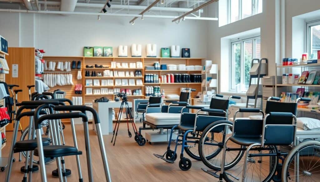 A modern, well-equipped sanitätshaus showroom, filled with an array of assistive devices and medical supplies. The foreground showcases a variety of mobility aids, including sleek walkers, ergonomic crutches, and stylish wheelchairs. In the middle ground, display shelves feature an assortment of home healthcare products, from compression socks to adjustable beds. The background depicts a warm, inviting space with natural lighting streaming through large windows, creating a calming atmosphere. The overall scene conveys a sense of professionalism, attention to detail, and a commitment to improving quality of life through carefully curated healthcare solutions. A modern, well-equipped sanitätshaus showroom, filled with an array of assistive devices and medical supplies. The foreground showcases a variety of mobility aids, including sleek walkers, ergonomic crutches, and stylish wheelchairs. In the middle ground, display shelves feature an assortment of home healthcare products, from compression socks to adjustable beds. The background depicts a warm, inviting space with natural lighting streaming through large windows, creating a calming atmosphere. The overall scene conveys a sense of professionalism, attention to detail, and a commitment to improving quality of life through carefully curated healthcare solutions.
