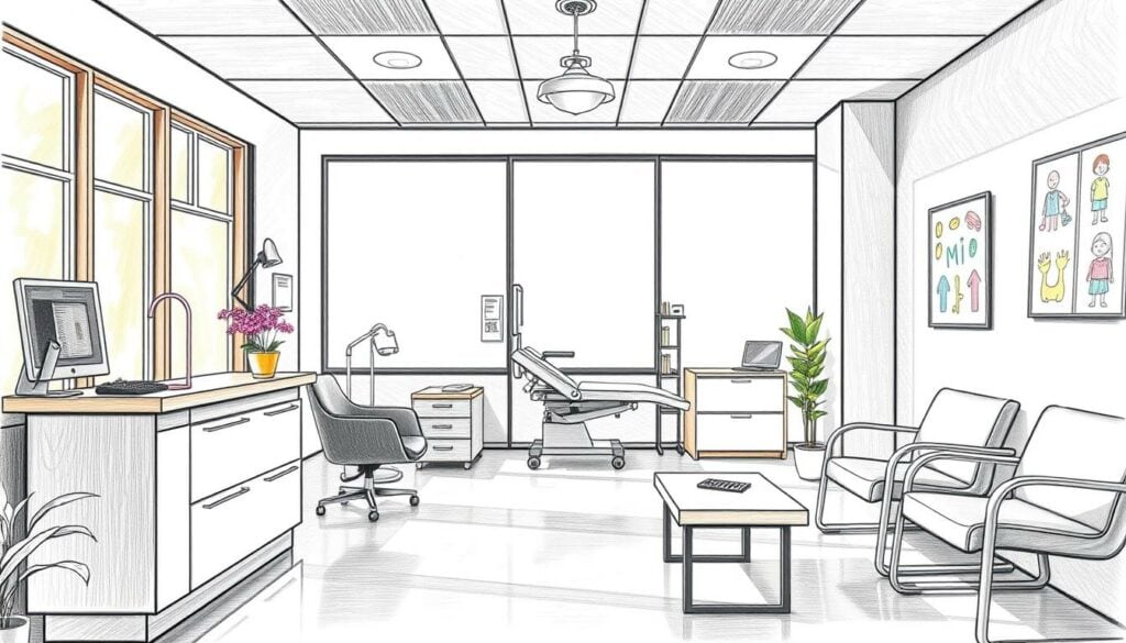 A neatly organized doctor's office interior, with a waiting area and examination room. Warm, natural lighting filters through large windows, casting a soft glow. In the foreground, a stylish receptionist's desk and modern seating arrangements. The middle ground features an examination table and medical equipment, rendered in a detailed pencil sketch with subtle color accents. The background showcases a cheerful wall display, perhaps of children's artwork or educational posters. The overall atmosphere is one of professionalism, care, and child-friendly comfort. A neatly organized doctor's office interior, with a waiting area and examination room. Warm, natural lighting filters through large windows, casting a soft glow. In the foreground, a stylish receptionist's desk and modern seating arrangements. The middle ground features an examination table and medical equipment, rendered in a detailed pencil sketch with subtle color accents. The background showcases a cheerful wall display, perhaps of children's artwork or educational posters. The overall atmosphere is one of professionalism, care, and child-friendly comfort.