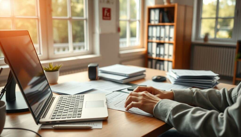 A neatly organized office interior with a desktop computer, documents, and office supplies. Warm, natural lighting casts a soft glow through large windows, creating a welcoming and productive atmosphere. A laptop rests on the desk, with various forms and application materials spread out, suggesting the process of preparing a funding application. The middle ground features a person's hands typing on the keyboard, focused on the task at hand. In the background, a bookshelf holds reference materials, hinting at the research and preparation involved in the funding request. The overall scene conveys the methodical and diligent nature of the Fördermittel Antragstellung process. A neatly organized office interior with a desktop computer, documents, and office supplies. Warm, natural lighting casts a soft glow through large windows, creating a welcoming and productive atmosphere. A laptop rests on the desk, with various forms and application materials spread out, suggesting the process of preparing a funding application. The middle ground features a person's hands typing on the keyboard, focused on the task at hand. In the background, a bookshelf holds reference materials, hinting at the research and preparation involved in the funding request. The overall scene conveys the methodical and diligent nature of the Fördermittel Antragstellung process.