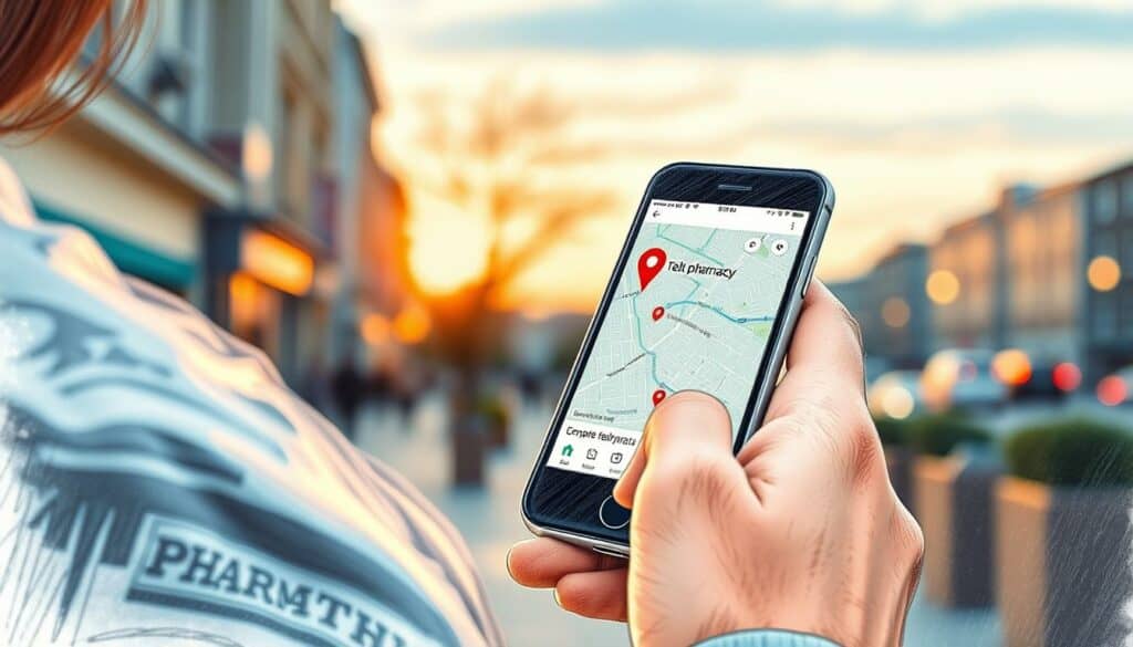A person using a smartphone to search for a nearby pharmacy, the screen displaying a map with a location marker. The scene is rendered in a detailed pencil sketch style, with a muted color palette accenting key elements like the smartphone screen. The background is a softly blurred urban environment, hinting at the surrounding city. Warm lighting from the setting sun casts a gentle glow, creating an inviting and practical atmosphere for this everyday task of finding a local pharmacy. A person using a smartphone to search for a nearby pharmacy, the screen displaying a map with a location marker. The scene is rendered in a detailed pencil sketch style, with a muted color palette accenting key elements like the smartphone screen. The background is a softly blurred urban environment, hinting at the surrounding city. Warm lighting from the setting sun casts a gentle glow, creating an inviting and practical atmosphere for this everyday task of finding a local pharmacy.