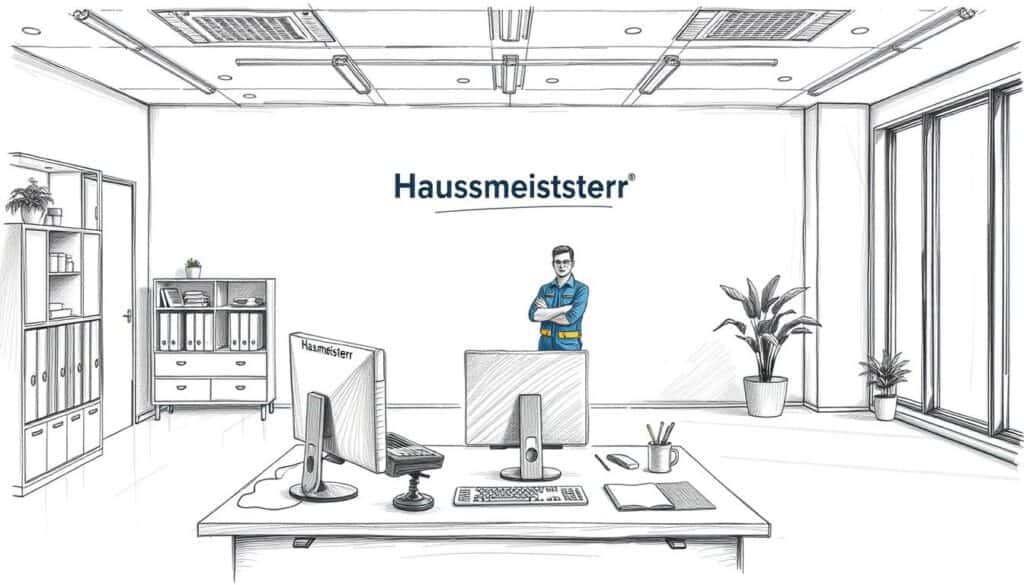 A pristine, neatly organized office space with a professional Hausmeisterservice logo on the wall. The scene is rendered in a detailed pencil sketch style, with subtle splashes of color highlighting key elements. In the foreground, a desk with a computer, phone, and office supplies sits in a well-lit, airy environment. The middle ground features a uniformed Hausmeisterservice worker, conveying a sense of reliable, attentive service. The background showcases a modern, minimalist interior design with large windows letting in natural light. The overall mood is one of efficiency, professionalism, and attention to detail, reflecting the high-quality Hausmeisterservice offered. A pristine, neatly organized office space with a professional Hausmeisterservice logo on the wall. The scene is rendered in a detailed pencil sketch style, with subtle splashes of color highlighting key elements. In the foreground, a desk with a computer, phone, and office supplies sits in a well-lit, airy environment. The middle ground features a uniformed Hausmeisterservice worker, conveying a sense of reliable, attentive service. The background showcases a modern, minimalist interior design with large windows letting in natural light. The overall mood is one of efficiency, professionalism, and attention to detail, reflecting the high-quality Hausmeisterservice offered.
