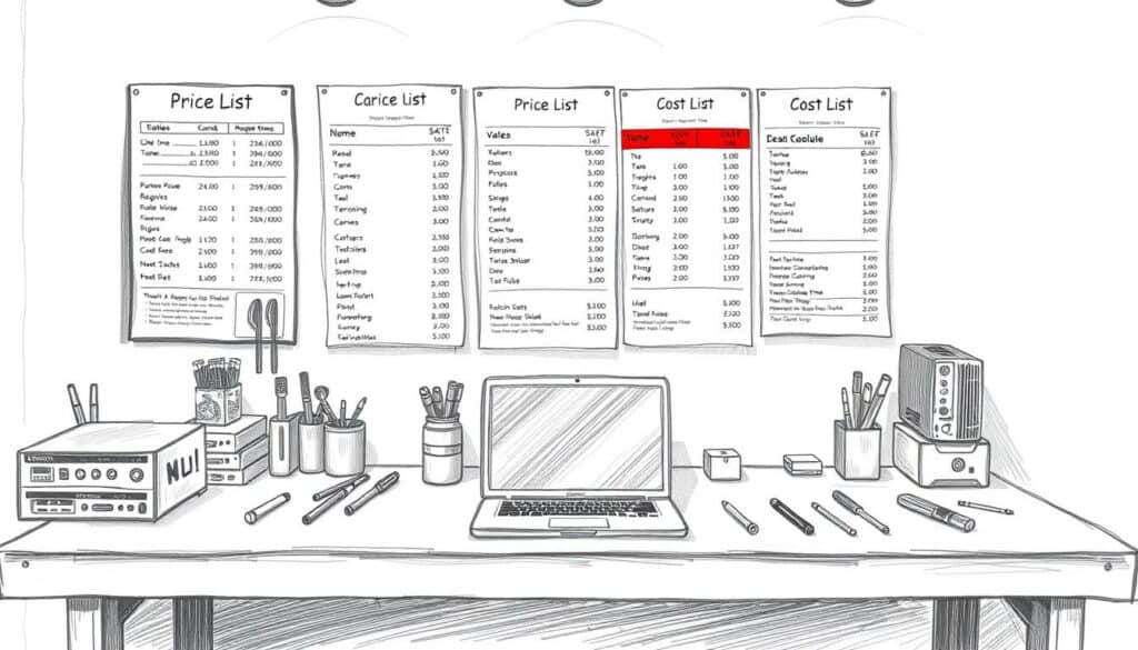 A pristine workbench with neatly organized tools and a laptop in the center, against a backdrop of transparent price lists and cost breakdowns meticulously displayed on the wall. Soft, directional lighting casts subtle shadows, accentuating the precision and clarity of the information. The scene exudes a sense of professionalism and transparency, inviting the viewer to explore the details of the computer repair service. The overall aesthetic is a hand-drawn pencil sketch with a single vibrant color accent, such as a bold red highlight on the price lists. A pristine workbench with neatly organized tools and a laptop in the center, against a backdrop of transparent price lists and cost breakdowns meticulously displayed on the wall. Soft, directional lighting casts subtle shadows, accentuating the precision and clarity of the information. The scene exudes a sense of professionalism and transparency, inviting the viewer to explore the details of the computer repair service. The overall aesthetic is a hand-drawn pencil sketch with a single vibrant color accent, such as a bold red highlight on the price lists.