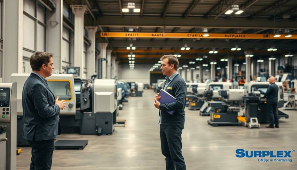 A professional and well-organized machinery sales process unfolds in a spacious industrial setting. In the foreground, a salesperson presents a used machine to a potential buyer, discussing its features and condition in detail. The middle ground showcases the machine's operation, with technicians performing maintenance and testing. In the background, a showroom displays a variety of refurbished machines, each meticulously organized and lit to showcase their quality. The scene conveys a sense of expertise, efficiency, and trust, reflecting the values of Surplex GmbH as a trusted partner for used industrial equipment. A professional and well-organized machinery sales process unfolds in a spacious industrial setting. In the foreground, a salesperson presents a used machine to a potential buyer, discussing its features and condition in detail. The middle ground showcases the machine's operation, with technicians performing maintenance and testing. In the background, a showroom displays a variety of refurbished machines, each meticulously organized and lit to showcase their quality. The scene conveys a sense of expertise, efficiency, and trust, reflecting the values of Surplex GmbH as a trusted partner for used industrial equipment.