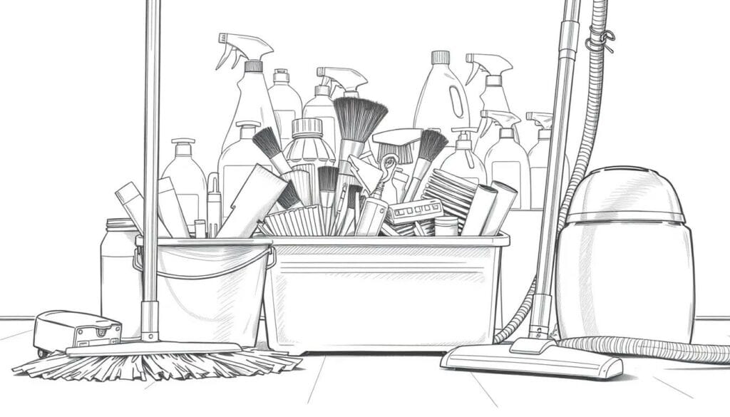 A professional cleaning service setup, featuring a variety of high-quality equipment and tools. In the foreground, a sturdy mop, a bucket filled with cleaning supplies, and a sleek vacuum cleaner with a long, flexible hose. In the middle ground, a caddy holding an assortment of brushes, sponges, and cleaning cloths, all neatly organized. The background showcases a selection of cleaning products, including spray bottles and containers of detergent, all with simple, modern packaging. The lighting is warm and natural, casting a soft glow on the scene. The overall tone is one of efficiency, professionalism, and attention to detail, captured in a minimalist, pencil-sketched style with a subtle touch of color. A professional cleaning service setup, featuring a variety of high-quality equipment and tools. In the foreground, a sturdy mop, a bucket filled with cleaning supplies, and a sleek vacuum cleaner with a long, flexible hose. In the middle ground, a caddy holding an assortment of brushes, sponges, and cleaning cloths, all neatly organized. The background showcases a selection of cleaning products, including spray bottles and containers of detergent, all with simple, modern packaging. The lighting is warm and natural, casting a soft glow on the scene. The overall tone is one of efficiency, professionalism, and attention to detail, captured in a minimalist, pencil-sketched style with a subtle touch of color.