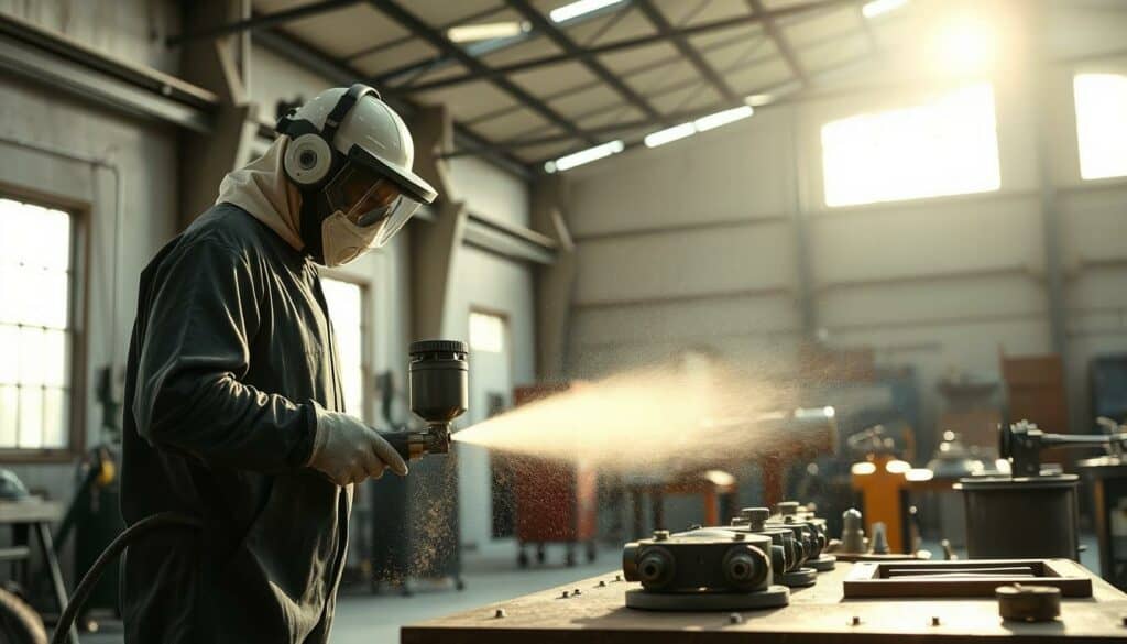 A professional sandblasting workshop set against a backdrop of a modern industrial facility. In the foreground, a skilled technician in protective gear carefully operates a sandblasting machine, the abrasive stream gently eroding the surface of a metal object. Muted sunlight filters through the windows, casting soft shadows across the scene. The middle ground features various sandblasting tools and equipment neatly arranged, conveying a sense of order and efficiency. In the background, the workshop's high ceilings and exposed beams suggest a well-equipped, state-of-the-art facility dedicated to providing high-quality sandblasting services. The overall atmosphere is one of professionalism, expertise, and attention to detail. A professional sandblasting workshop set against a backdrop of a modern industrial facility. In the foreground, a skilled technician in protective gear carefully operates a sandblasting machine, the abrasive stream gently eroding the surface of a metal object. Muted sunlight filters through the windows, casting soft shadows across the scene. The middle ground features various sandblasting tools and equipment neatly arranged, conveying a sense of order and efficiency. In the background, the workshop's high ceilings and exposed beams suggest a well-equipped, state-of-the-art facility dedicated to providing high-quality sandblasting services. The overall atmosphere is one of professionalism, expertise, and attention to detail.
