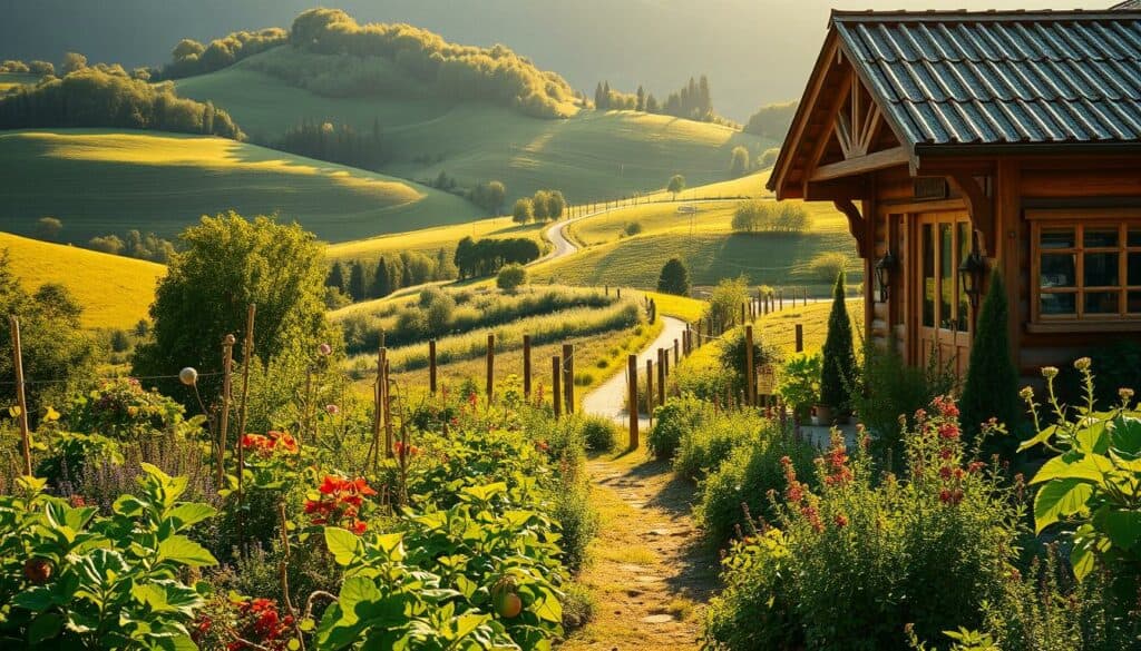 A serene and verdant landscape, bathed in warm, golden sunlight. In the foreground, a lush, thriving garden bursting with a vibrant array of organic produce and herbs. Amidst the greenery, a rustic wooden structure stands, its facade adorned with intricate carvings and natural materials, embodying the essence of sustainable living. In the middle ground, a winding path leads the viewer deeper into the scene, inviting exploration of this harmonious oasis. The background reveals rolling hills, dotted with clusters of trees, creating a sense of balance and connection with the natural world. The overall atmosphere exudes a sense of tranquility, mindfulness, and a deep appreciation for the earth's bounty, perfectly capturing the theme of "Nachhaltigkeit zeit". A serene and verdant landscape, bathed in warm, golden sunlight. In the foreground, a lush, thriving garden bursting with a vibrant array of organic produce and herbs. Amidst the greenery, a rustic wooden structure stands, its facade adorned with intricate carvings and natural materials, embodying the essence of sustainable living. In the middle ground, a winding path leads the viewer deeper into the scene, inviting exploration of this harmonious oasis. The background reveals rolling hills, dotted with clusters of trees, creating a sense of balance and connection with the natural world. The overall atmosphere exudes a sense of tranquility, mindfulness, and a deep appreciation for the earth's bounty, perfectly capturing the theme of "Nachhaltigkeit zeit".