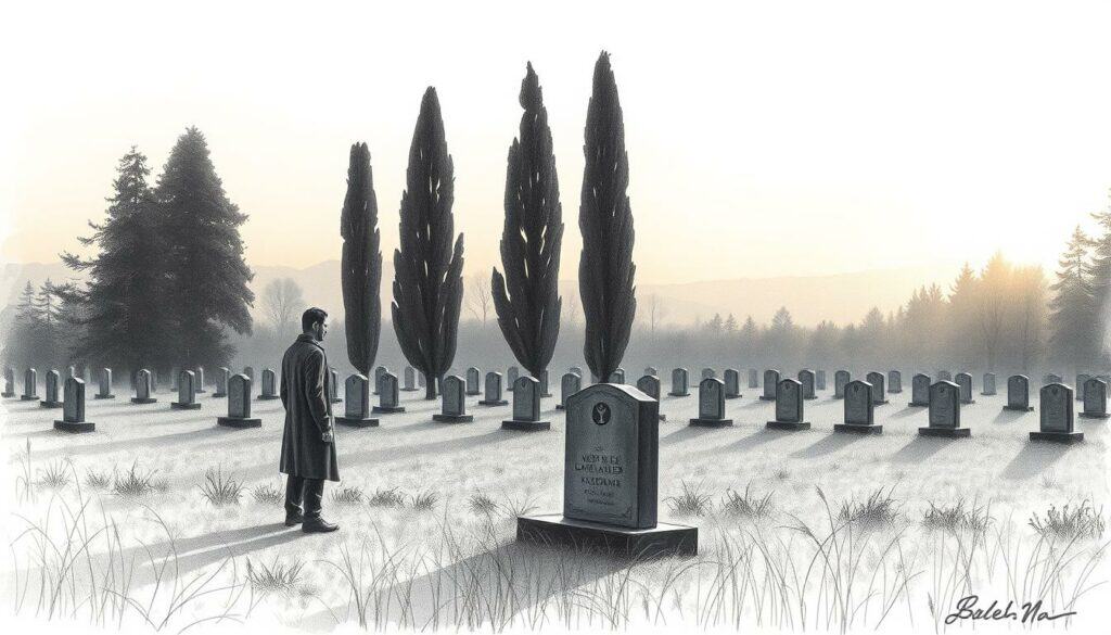 A serene graveyard scene at dusk, with a lone figure standing before a simple yet elegant gravestone. The foreground is rendered in detailed pencil sketches, with a subtle wash of muted colors highlighting the tranquil atmosphere. The middle ground features a row of tall, solemn trees casting long shadows, while the background fades into a softly blurred horizon. Gentle lighting casts a warm, contemplative glow, conveying a sense of peaceful reflection and preparation for the future. A serene graveyard scene at dusk, with a lone figure standing before a simple yet elegant gravestone. The foreground is rendered in detailed pencil sketches, with a subtle wash of muted colors highlighting the tranquil atmosphere. The middle ground features a row of tall, solemn trees casting long shadows, while the background fades into a softly blurred horizon. Gentle lighting casts a warm, contemplative glow, conveying a sense of peaceful reflection and preparation for the future.