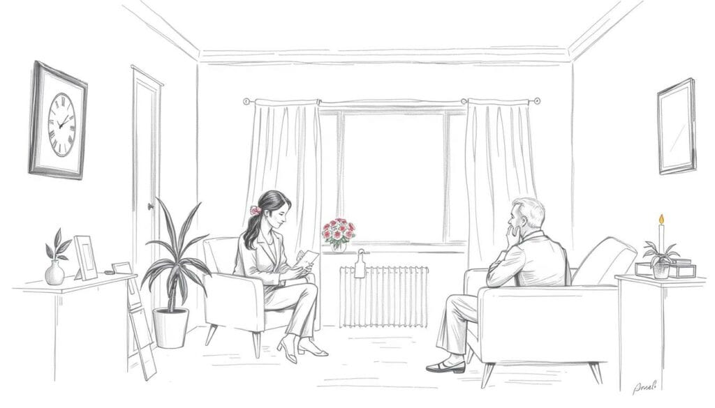 A serene, intimate scene of a funeral home's quiet space, where a compassionate grief counselor offers emotional support to a grieving family. Soft, muted tones in a pencil sketch style, with a single, delicate splash of color - perhaps a single rose or a candle flame - to evoke the solemnity and solace of the moment. The counselor's posture conveys empathy, their gaze steady and understanding, as they listen intently to the family, enveloping them in a comforting, safe environment. The room's furniture and decor are minimalist, allowing the focus to remain on the human connection. An atmosphere of quiet contemplation and dignified care pervades the scene. A serene, intimate scene of a funeral home's quiet space, where a compassionate grief counselor offers emotional support to a grieving family. Soft, muted tones in a pencil sketch style, with a single, delicate splash of color - perhaps a single rose or a candle flame - to evoke the solemnity and solace of the moment. The counselor's posture conveys empathy, their gaze steady and understanding, as they listen intently to the family, enveloping them in a comforting, safe environment. The room's furniture and decor are minimalist, allowing the focus to remain on the human connection. An atmosphere of quiet contemplation and dignified care pervades the scene.