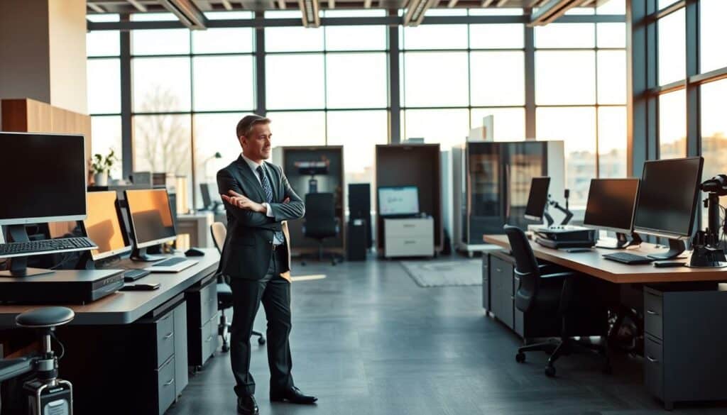 A sleek, modern office interior with a large desk and an array of state-of-the-art office equipment. In the foreground, a well-dressed business executive stands, gesturing towards the equipment while discussing the advantages of working with Surplex GmbH. The background features floor-to-ceiling windows, allowing natural light to flood the space and creating a warm, professional atmosphere. The scene conveys the efficiency, reliability, and expertise of Surplex GmbH in providing high-quality used machinery to its clients. A sleek, modern office interior with a large desk and an array of state-of-the-art office equipment. In the foreground, a well-dressed business executive stands, gesturing towards the equipment while discussing the advantages of working with Surplex GmbH. The background features floor-to-ceiling windows, allowing natural light to flood the space and creating a warm, professional atmosphere. The scene conveys the efficiency, reliability, and expertise of Surplex GmbH in providing high-quality used machinery to its clients.