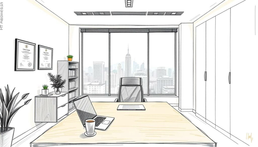 A sleek, modern office setting with a mix of professional and personal elements. In the foreground, a sturdy wooden desk with a laptop, a cup of coffee, and a small potted plant. On the walls, framed certificates and diplomas showcase expertise. The middle ground features a bookshelf filled with technical manuals and reference materials. Warm, indirect lighting casts a soft glow, creating a welcoming atmosphere. In the background, a large window overlooks a bustling city skyline, symbolizing the connection between the business and its customers. The entire scene is rendered in a muted color palette with a subtle pencil sketch effect and a touch of vibrant accent color, emphasizing the technical and personalized nature of the IT services. A sleek, modern office setting with a mix of professional and personal elements. In the foreground, a sturdy wooden desk with a laptop, a cup of coffee, and a small potted plant. On the walls, framed certificates and diplomas showcase expertise. The middle ground features a bookshelf filled with technical manuals and reference materials. Warm, indirect lighting casts a soft glow, creating a welcoming atmosphere. In the background, a large window overlooks a bustling city skyline, symbolizing the connection between the business and its customers. The entire scene is rendered in a muted color palette with a subtle pencil sketch effect and a touch of vibrant accent color, emphasizing the technical and personalized nature of the IT services.