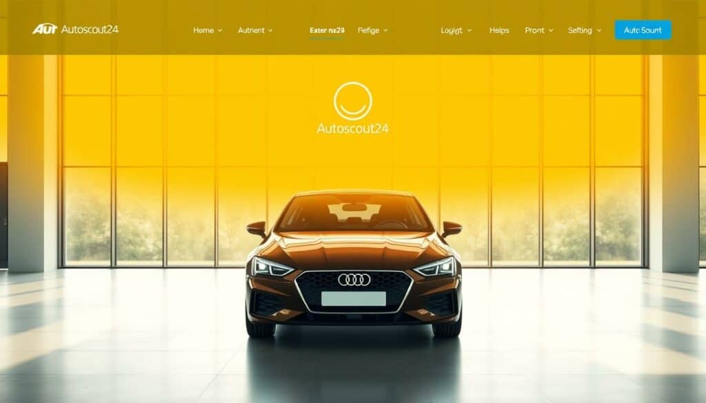 A sleek, modern website interface showcasing the Autoscout24 brand and the "Autoscout24 smyle" online car buying experience. In the center, a prominently displayed car model takes up the foreground, its glossy exterior illuminated by natural daylight flooding in through large windows in the background. The layout is clean and uncluttered, with minimal UI elements that guide the user through the online car purchase journey. Warm, friendly colors and a subtle smile icon convey the convenience and simplicity of the "Autoscout24 smyle" concept. The overall scene radiates a sense of confidence, trust and a seamless digital car buying process.