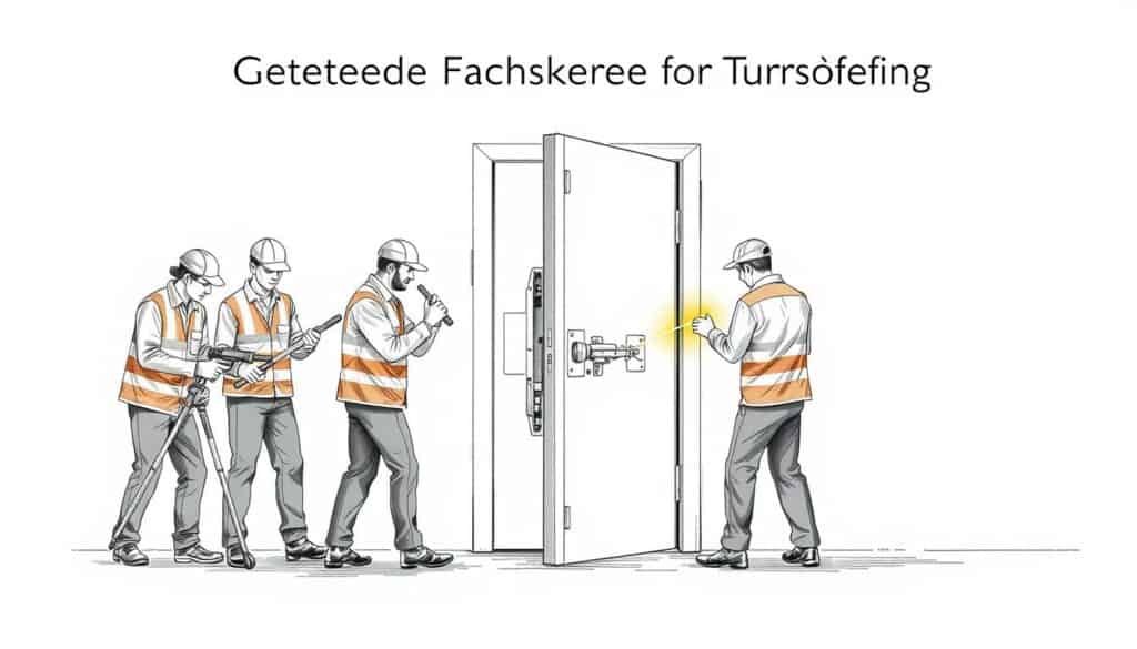 A sophisticated technical illustration depicting a team of certified professionals expertly handling a door opening task. The scene is rendered in a clean, technical style with a muted color palette, featuring a slight touch of vibrant color to draw the eye. The foreground showcases the skilled technicians at work, wielding specialized tools and utilizing their extensive expertise. The middle ground highlights the intricate mechanisms of the door lock, conveying the complexity and importance of their work. The background sets the scene in a calm, controlled environment, emphasizing the precision and care taken during the process. Overall, the image conveys a sense of professionalism, quality, and safety, reflecting the high standards of the "Geprüfte Fachkräfte für Türöffnung" and the "Qualität und Sicherheit garantiert" theme. A sophisticated technical illustration depicting a team of certified professionals expertly handling a door opening task. The scene is rendered in a clean, technical style with a muted color palette, featuring a slight touch of vibrant color to draw the eye. The foreground showcases the skilled technicians at work, wielding specialized tools and utilizing their extensive expertise. The middle ground highlights the intricate mechanisms of the door lock, conveying the complexity and importance of their work. The background sets the scene in a calm, controlled environment, emphasizing the precision and care taken during the process. Overall, the image conveys a sense of professionalism, quality, and safety, reflecting the high standards of the "Geprüfte Fachkräfte für Türöffnung" and the "Qualität und Sicherheit garantiert" theme.