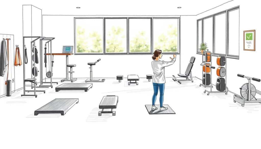 A sports physiotherapy clinic with a warm, welcoming atmosphere. In the foreground, a physiotherapist guides a client through gentle exercises, using their expertise to aid the athlete's recovery. The middle ground showcases various rehabilitation equipment, from balance boards to resistance bands, all meticulously arranged. The background depicts a serene, sun-drenched room with large windows, casting a soft, natural light across the scene. The image is rendered in a charming, hand-drawn style, with a muted color palette, save for a vibrant accent of a single, carefully chosen hue that draws the eye to the most important elements. A sports physiotherapy clinic with a warm, welcoming atmosphere. In the foreground, a physiotherapist guides a client through gentle exercises, using their expertise to aid the athlete's recovery. The middle ground showcases various rehabilitation equipment, from balance boards to resistance bands, all meticulously arranged. The background depicts a serene, sun-drenched room with large windows, casting a soft, natural light across the scene. The image is rendered in a charming, hand-drawn style, with a muted color palette, save for a vibrant accent of a single, carefully chosen hue that draws the eye to the most important elements.