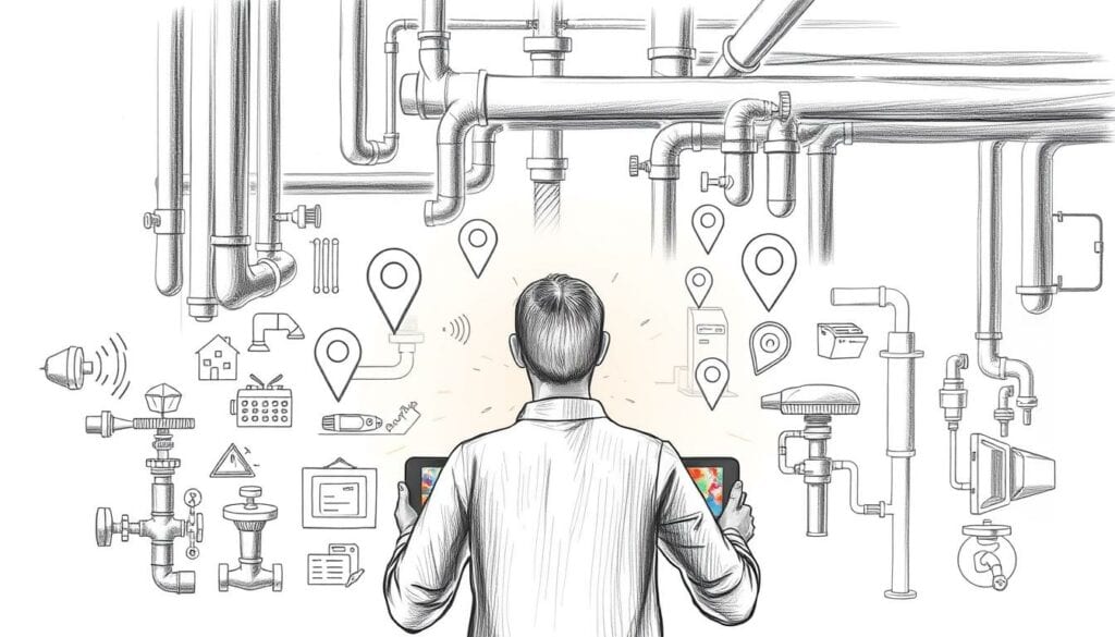 A stylized pencil sketch of a person searching for a local plumber or heating technician on a tablet or smartphone. The figure is placed in the foreground, surrounded by technical diagrams and icons related to plumbing and HVAC systems. The middle ground features a partially visible map with location markers, while the background has a muted, industrial atmosphere with pipes, valves, and subtle hints of a residential setting. The overall color palette is predominantly monochromatic, with a small splash of a warm accent color, such as a highlighted detail or UI element on the digital device. A stylized pencil sketch of a person searching for a local plumber or heating technician on a tablet or smartphone. The figure is placed in the foreground, surrounded by technical diagrams and icons related to plumbing and HVAC systems. The middle ground features a partially visible map with location markers, while the background has a muted, industrial atmosphere with pipes, valves, and subtle hints of a residential setting. The overall color palette is predominantly monochromatic, with a small splash of a warm accent color, such as a highlighted detail or UI element on the digital device.