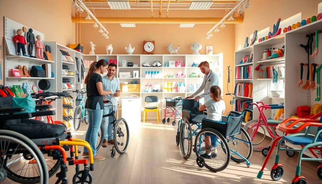 A sunny, warm-lit interior of a specialized children's medical supply store, showcasing a variety of colorful, ergonomic wheelchairs, walkers, and mobility aids designed for young patients. The foreground features a team of caring professionals assisting a family with selecting the appropriate equipment. The middle ground displays neatly organized shelves stocked with an array of specialized pediatric medical devices, prosthetics, and rehabilitation tools. The background depicts a welcoming, inviting atmosphere with child-friendly decor and soothing pastel tones, conveying a sense of comfort and care. The overall scene captures the essence of a specialized Sanitätshaus catering to the unique needs of children. A sunny, warm-lit interior of a specialized children's medical supply store, showcasing a variety of colorful, ergonomic wheelchairs, walkers, and mobility aids designed for young patients. The foreground features a team of caring professionals assisting a family with selecting the appropriate equipment. The middle ground displays neatly organized shelves stocked with an array of specialized pediatric medical devices, prosthetics, and rehabilitation tools. The background depicts a welcoming, inviting atmosphere with child-friendly decor and soothing pastel tones, conveying a sense of comfort and care. The overall scene captures the essence of a specialized Sanitätshaus catering to the unique needs of children.
