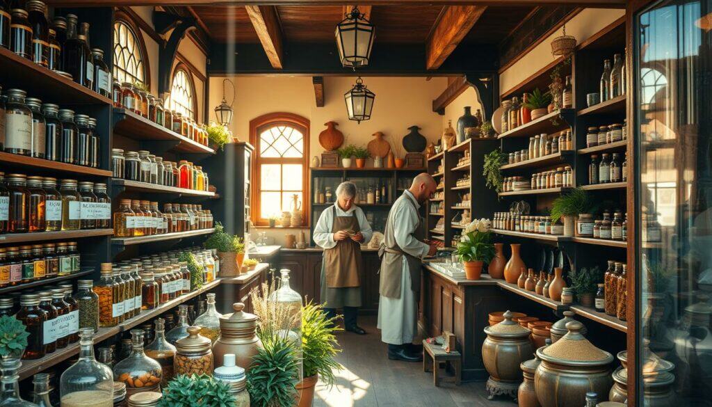 A traditional German apothecary storefront, showcasing a vibrant display of herbal remedies and natural health products. The foreground features handcrafted glass bottles, earthenware jars, and wooden shelves brimming with an assortment of botanical tinctures, salves, and powders. Sunlight streams through leaded glass windows, casting a warm, golden glow over the scene. In the middle ground, a skilled herbalist in period attire carefully measures and packages the "Heilarzneihaus" offerings. The background reveals a cozy, old-world interior with beamed ceilings, aged wooden floors, and the faint aroma of herbs and spices. An atmosphere of authenticity, tradition, and a reverence for natural healing pervades the image. A traditional German apothecary storefront, showcasing a vibrant display of herbal remedies and natural health products. The foreground features handcrafted glass bottles, earthenware jars, and wooden shelves brimming with an assortment of botanical tinctures, salves, and powders. Sunlight streams through leaded glass windows, casting a warm, golden glow over the scene. In the middle ground, a skilled herbalist in period attire carefully measures and packages the "Heilarzneihaus" offerings. The background reveals a cozy, old-world interior with beamed ceilings, aged wooden floors, and the faint aroma of herbs and spices. An atmosphere of authenticity, tradition, and a reverence for natural healing pervades the image.