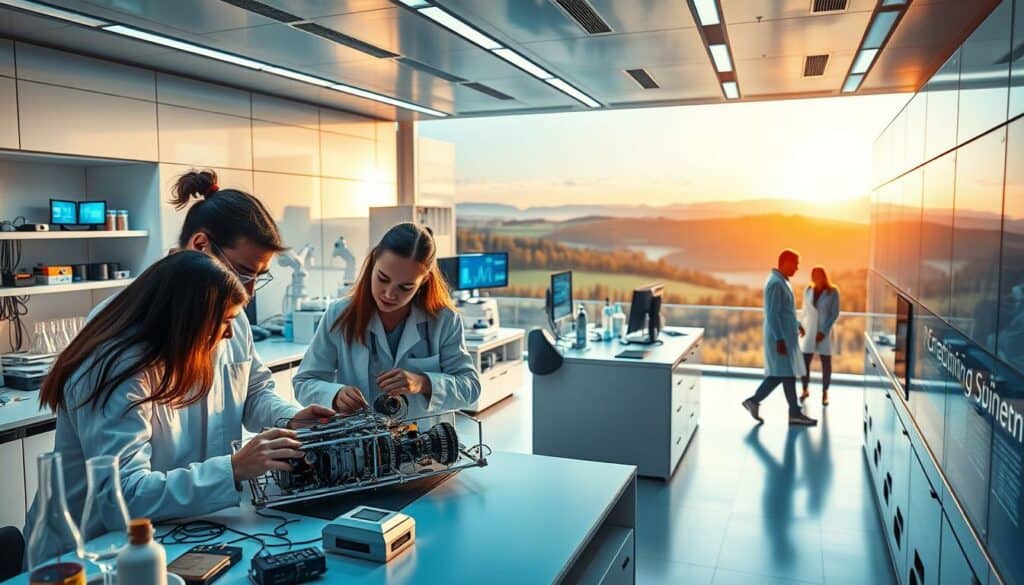 A vibrant and dynamic scene depicting innovation and research in the state of Bavaria. In the foreground, a team of researchers huddle around a workbench, meticulously examining a prototype device. Soft, directional lighting illuminates their focused expressions and the intricate mechanisms on the table. In the middle ground, a sleek, futuristic laboratory filled with state-of-the-art equipment and bustling with activity. Beakers bubble, screens display complex data visualizations, and scientists move with purpose. The background opens up to reveal a panoramic view of the Bavarian countryside, rolling hills and forests touched by the golden hour glow. This image conveys a sense of discovery, progress, and the fusion of cutting-edge technology with the natural beauty of the region. A vibrant and dynamic scene depicting innovation and research in the state of Bavaria. In the foreground, a team of researchers huddle around a workbench, meticulously examining a prototype device. Soft, directional lighting illuminates their focused expressions and the intricate mechanisms on the table. In the middle ground, a sleek, futuristic laboratory filled with state-of-the-art equipment and bustling with activity. Beakers bubble, screens display complex data visualizations, and scientists move with purpose. The background opens up to reveal a panoramic view of the Bavarian countryside, rolling hills and forests touched by the golden hour glow. This image conveys a sense of discovery, progress, and the fusion of cutting-edge technology with the natural beauty of the region.