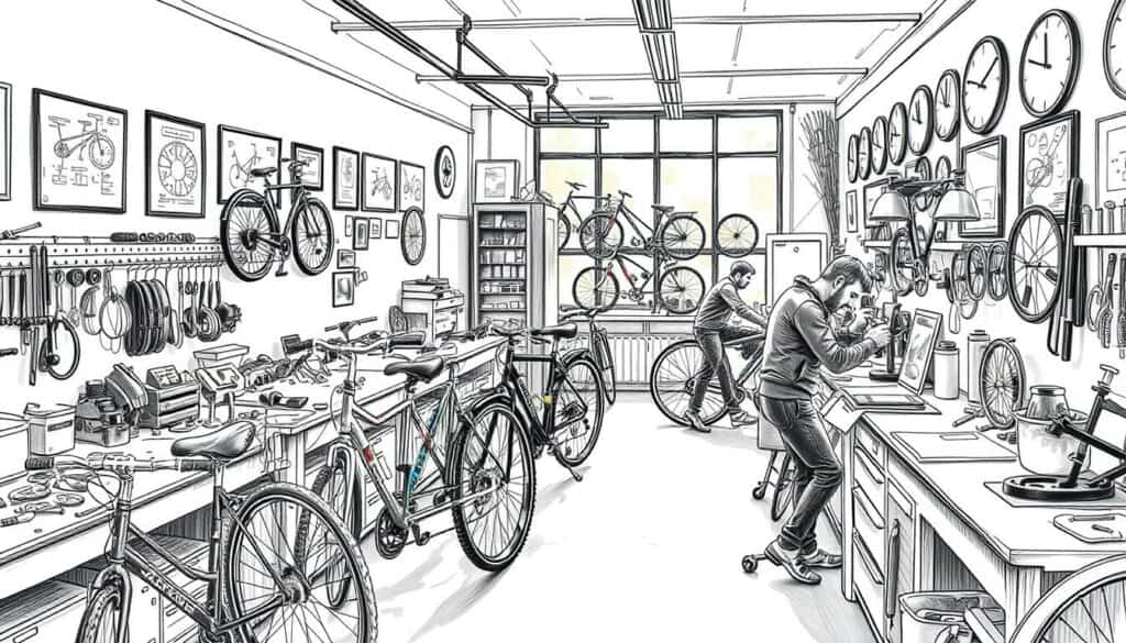 A vibrant bicycle repair shop, with a warm, inviting atmosphere. Workbenches lined with tools, spare parts, and a variety of bicycles in various stages of repair. Skilled mechanics meticulously inspect and service each bike, their hands deftly wielding wrenches and lubricating chains. The walls are adorned with framed schematics and diagrams, providing a sense of technical expertise. Soft, natural lighting filters in through large windows, casting a gentle glow over the scene. The image is rendered in a charming pencil sketch style, with muted colors highlighting the shop's character and attention to detail.