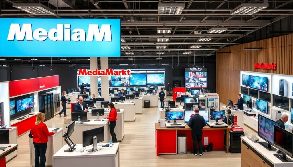 A visually appealing interior of a modern Media Markt electronics store, showcasing their comprehensive service offerings. The foreground features neatly organized customer service desks with attentive staff assisting customers, while the middle ground displays various service stations for product repairs, installations, and demonstrations. The background is filled with sleek, well-lit displays showcasing the latest electronic gadgets and appliances. The overall atmosphere is welcoming, efficient, and customer-focused, reflecting the high-quality service experiences that Media Markt Berlin is known for.