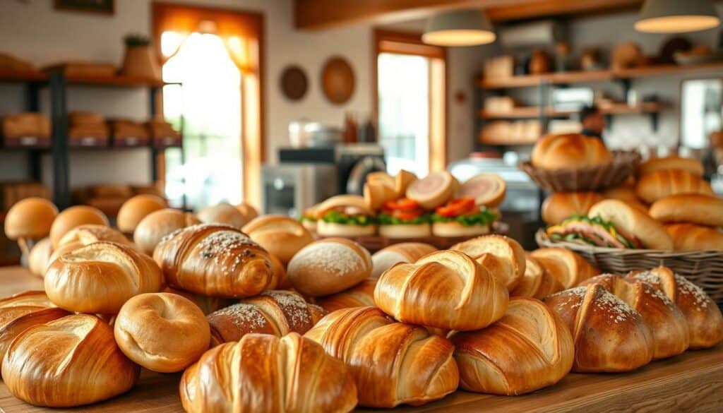 A warm, cozy bakery display showcasing an array of freshly baked pastries and breads. In the foreground, an assortment of golden-crusted rolls, flaky croissants, and soft brioche buns are artfully arranged on a wooden counter. The middle ground features a selection of savory sandwiches with delicately sliced meats and vibrant vegetables, inviting the viewer to envision a delightful breakfast experience. The background is bathed in soft, natural lighting filtering through large windows, creating a welcoming and inviting atmosphere. The scene exudes a sense of quality, craftsmanship, and the comforting aroma of a neighborhood bakery.