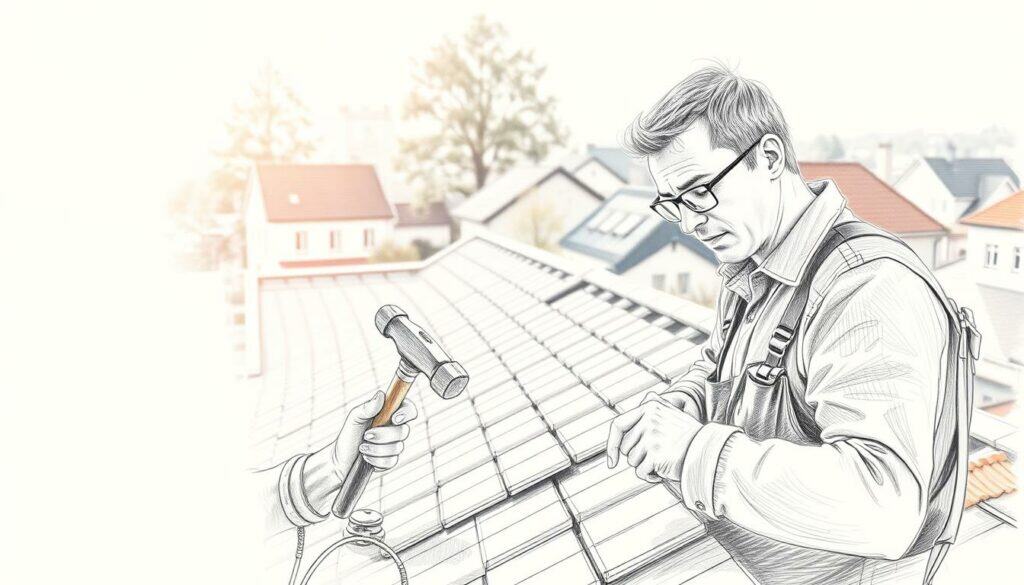 A warm, sun-dappled scene of a skilled Dachdecker (roofer) working diligently on a residential rooftop. In the foreground, the Dachdecker meticulously examines tiles, hammer in hand, his focused expression captured in delicate pencil strokes. In the middle ground, the roof's intricate structure and texture come to life, with a subtle hint of color highlighting key details. The background softly blurs into a tranquil neighborhood setting, providing context while maintaining the subject's prominence. The overall mood is one of professionalism, care, and the skilled craft of roofing work, rendered in a captivating pencil-sketch style.