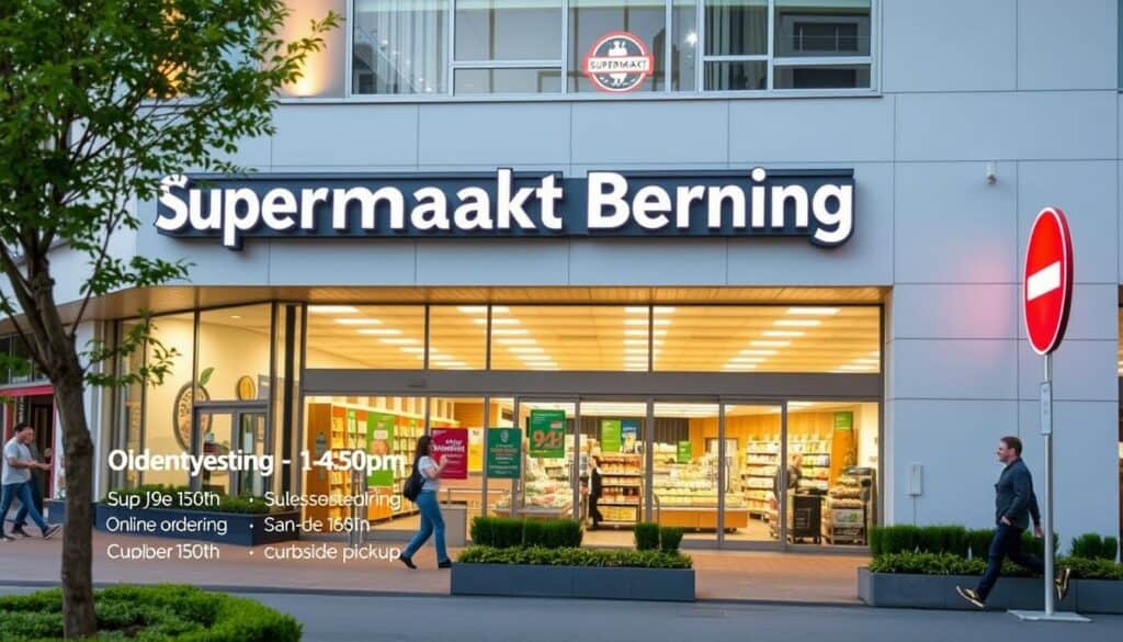 A well-lit, high-resolution photograph of the Supermarkt Berning storefront, featuring the exterior facade with the store signage prominently displayed. The building has a clean, modern design with large windows allowing natural light to flood the interior. The scene includes the surrounding area, with neatly landscaped greenery and a few pedestrians passing by, conveying a welcoming, community-focused atmosphere. The image captures the store's operating hours and available services, such as online ordering and curbside pickup, in a clear and informative manner to highlight the convenience and accessibility of the supermarket. A well-lit, high-resolution photograph of the Supermarkt Berning storefront, featuring the exterior facade with the store signage prominently displayed. The building has a clean, modern design with large windows allowing natural light to flood the interior. The scene includes the surrounding area, with neatly landscaped greenery and a few pedestrians passing by, conveying a welcoming, community-focused atmosphere. The image captures the store's operating hours and available services, such as online ordering and curbside pickup, in a clear and informative manner to highlight the convenience and accessibility of the supermarket.
