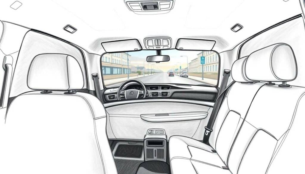 A well-lit interior of a modern, comfortable taxi cab. The focus is on the spacious, plush seating and clean, minimalist design. Soft, diffused lighting creates a cozy, inviting atmosphere. The cab's exterior is visible through the windows, showing a city street at dusk with a subtle, muted color palette. The overall image has a sketch-like quality, with delicate pencil lines and a touch of color to highlight key details like the seat upholstery or dashboard controls. The scene conveys a sense of secure, reliable transportation with a premium level of comfort and attention to detail.