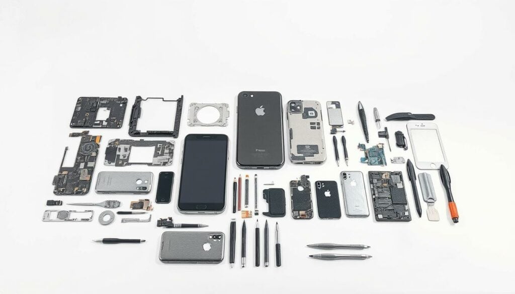 A well-organized collection of high-quality smartphone spare parts neatly displayed on a minimalist white table, bathed in soft, directional lighting that accentuates their sleek, precision-engineered forms. The parts, rendered in a muted color palette with a hint of warm metallic tones, are presented in a clean, transparent manner, conveying a sense of quality, reliability, and attention to detail. The overall composition suggests a professional, trustworthy repair service, where customers can expect exceptional workmanship and genuine components. The scene is captured in a detailed pencil sketch style, with a subtle splash of color to draw the eye towards the key elements. A well-organized collection of high-quality smartphone spare parts neatly displayed on a minimalist white table, bathed in soft, directional lighting that accentuates their sleek, precision-engineered forms. The parts, rendered in a muted color palette with a hint of warm metallic tones, are presented in a clean, transparent manner, conveying a sense of quality, reliability, and attention to detail. The overall composition suggests a professional, trustworthy repair service, where customers can expect exceptional workmanship and genuine components. The scene is captured in a detailed pencil sketch style, with a subtle splash of color to draw the eye towards the key elements.