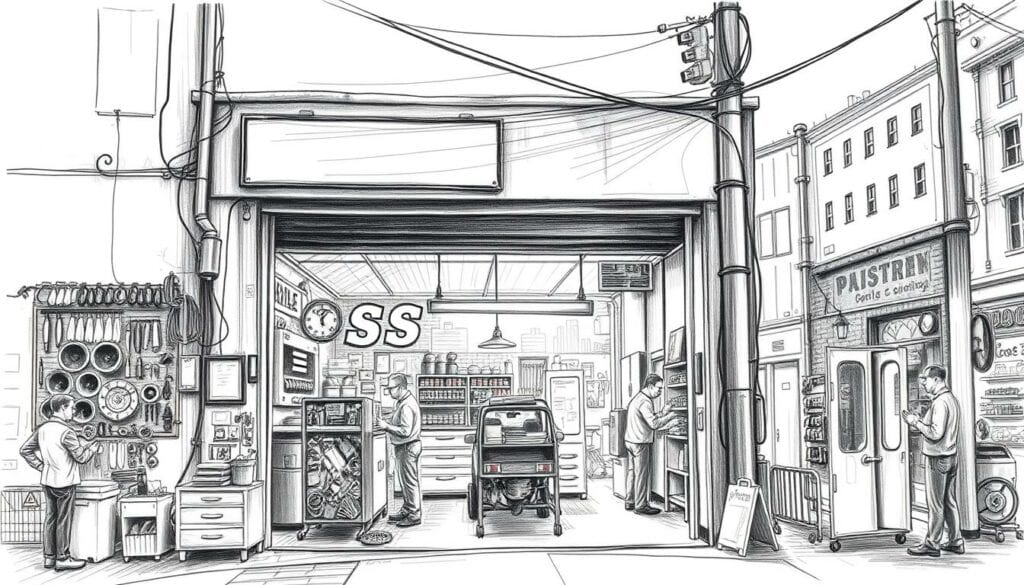 An auto repair shop nestled in a vibrant urban landscape, its facade adorned with a subtle hint of color amidst the monochrome backdrop. Sunlight filters through the windows, casting a warm glow upon the mechanics hard at work, each gesture and tool meticulously rendered in a realistic yet stylized pencil sketch. The scene captures the essence of a reliable, trustworthy establishment, where customers can find the perfect solution for their automotive needs. The middle ground features a well-stocked inventory of spare parts and accessories, while the background showcases the bustling city streets, hinting at the accessibility and convenience of this neighborhood auto workshop. An auto repair shop nestled in a vibrant urban landscape, its facade adorned with a subtle hint of color amidst the monochrome backdrop. Sunlight filters through the windows, casting a warm glow upon the mechanics hard at work, each gesture and tool meticulously rendered in a realistic yet stylized pencil sketch. The scene captures the essence of a reliable, trustworthy establishment, where customers can find the perfect solution for their automotive needs. The middle ground features a well-stocked inventory of spare parts and accessories, while the background showcases the bustling city streets, hinting at the accessibility and convenience of this neighborhood auto workshop.
