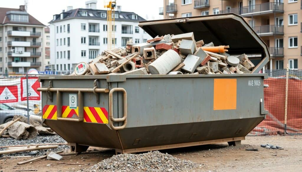 Container mit Bauschutt auf einer Baustelle in Stuttgart