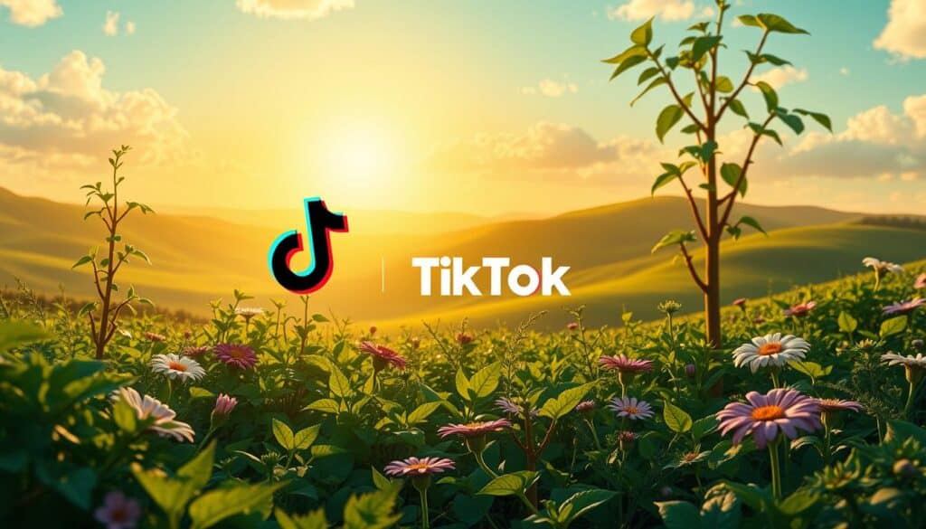 Detailed digital illustration of organic TikTok growth strategies. In the foreground, a lush, verdant garden with thriving plants and flowers symbolizing organic growth. In the middle ground, a TikTok logo emerges from the foliage, representing the platform. The background features a serene, sun-dappled landscape with rolling hills and a bright, cloud-filled sky, conveying a sense of natural, sustainable progress. The composition is bathed in warm, golden lighting, creating a tranquil, inspirational atmosphere. The overall scene emphasizes the idea of cultivating a healthy, authentic TikTok following through strategic, natural means.