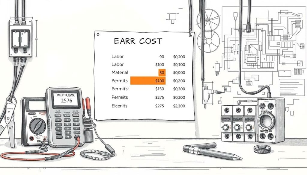 Detailed technical illustration of electrical work costs, presented in a muted color palette. A sleek, modern workspace with various electrical components and tools in the foreground, including a multimeter, wire strippers, and a circuit breaker. In the middle ground, a neatly organized list of cost factors such as labor, materials, and permits, highlighted with a subtle pop of color. The background features technical diagrams and schematics, rendered in a technical, engineering-inspired style. Lighting is soft and directional, emphasizing the precision and attention to detail. The overall mood is informative and professional, reflecting the practical nature of the subject matter. Detailed technical illustration of electrical work costs, presented in a muted color palette. A sleek, modern workspace with various electrical components and tools in the foreground, including a multimeter, wire strippers, and a circuit breaker. In the middle ground, a neatly organized list of cost factors such as labor, materials, and permits, highlighted with a subtle pop of color. The background features technical diagrams and schematics, rendered in a technical, engineering-inspired style. Lighting is soft and directional, emphasizing the precision and attention to detail. The overall mood is informative and professional, reflecting the practical nature of the subject matter.