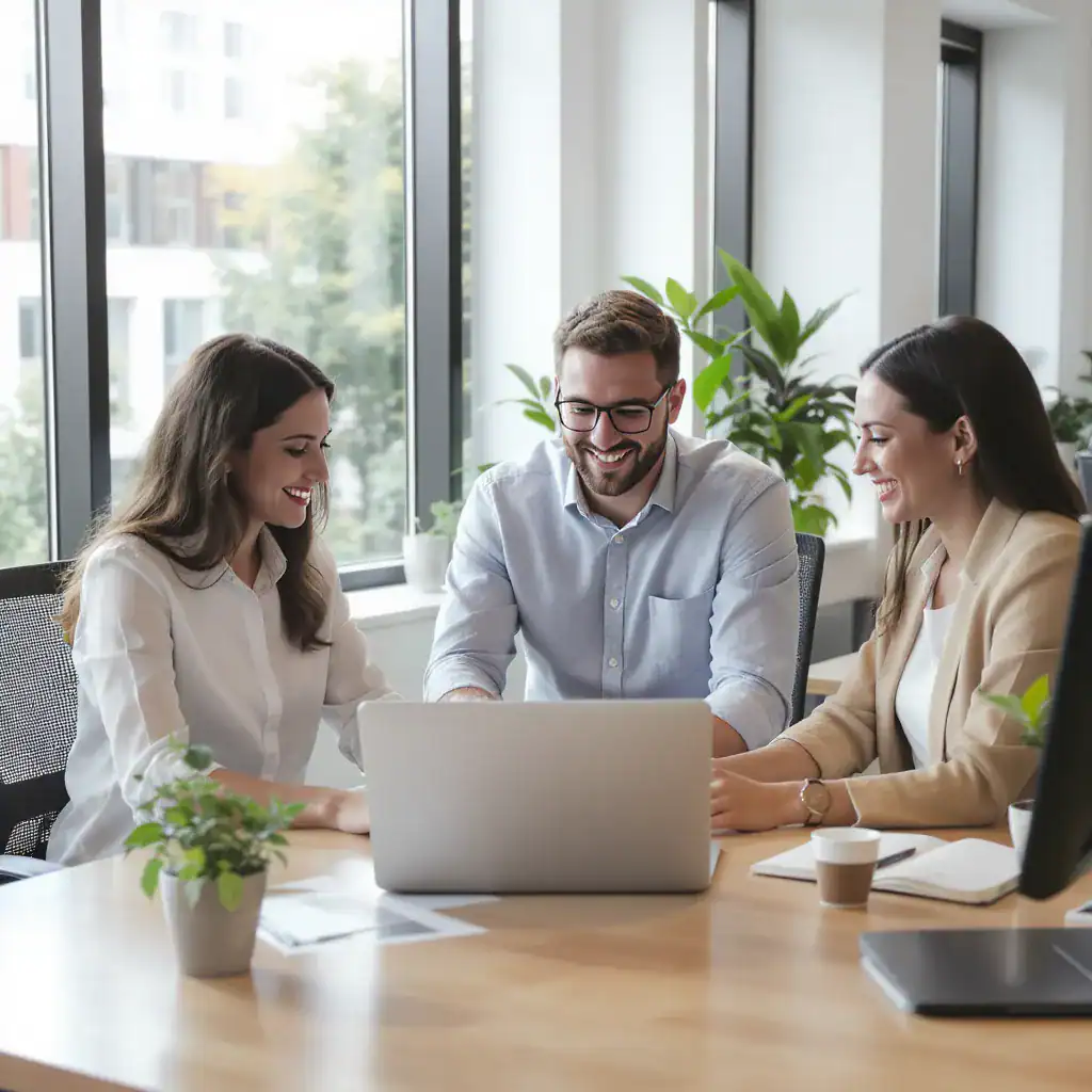 Ein modernes, helles Büro mit drei Personen, die gemeinsam an einem Laptop arbeiten und Unternehmensprofile in einem Online-Verzeichnis betrachten. Tageslicht fällt durch große Fenster, die Szene wirkt professionell und freundlich, mit klaren Farben und scharfer Detaildarstellung.