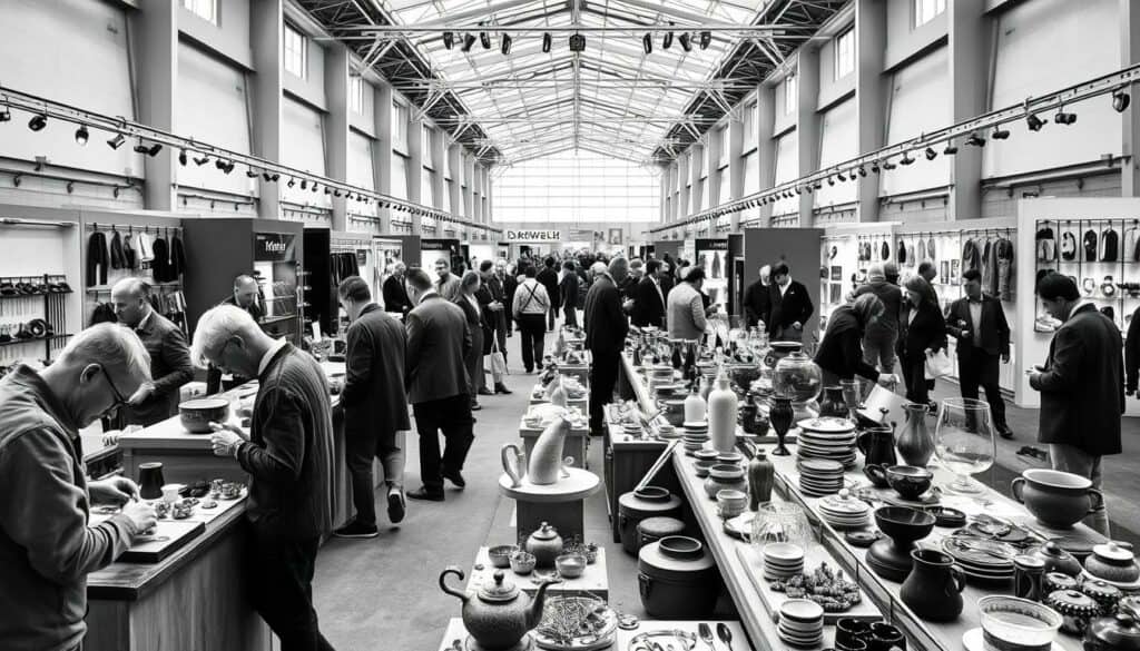 A bustling Themenwelten Handwerksmesse, a vibrant showcase of craftsmanship and innovation. In the foreground, artisans demonstrate their skills, their hands deftly shaping intricate creations. The middle ground features a diverse array of artisanal wares, from delicate glassware to sturdy leather goods, all in a monochromatic palette punctuated by pops of color. In the background, the vast exhibition hall recedes, its high ceilings and clean lines creating a sense of spaciousness and modernity. The scene is illuminated by a soft, natural light, casting gentle shadows and highlighting the textures of the displayed items. An atmosphere of both tradition and progression pervades the space, inviting visitors to explore the rich tapestry of the Themenwelten. A bustling Themenwelten Handwerksmesse, a vibrant showcase of craftsmanship and innovation. In the foreground, artisans demonstrate their skills, their hands deftly shaping intricate creations. The middle ground features a diverse array of artisanal wares, from delicate glassware to sturdy leather goods, all in a monochromatic palette punctuated by pops of color. In the background, the vast exhibition hall recedes, its high ceilings and clean lines creating a sense of spaciousness and modernity. The scene is illuminated by a soft, natural light, casting gentle shadows and highlighting the textures of the displayed items. An atmosphere of both tradition and progression pervades the space, inviting visitors to explore the rich tapestry of the Themenwelten.