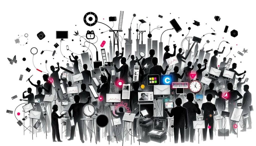 A bustling digital network, alive with innovation and collaboration. Sleek silhouettes of devices and tools intertwine, creating a dynamic composition. Geometric patterns and interlocking shapes suggest the interconnectedness of the digital landscape. Pops of vibrant color, like neon accents, punctuate the monochromatic scene, drawing the eye to the heart of the digital revolution. The image radiates an atmosphere of energy, progress, and the thrill of technological advancement. Captured in a graphite-esque style with strategic splashes of color, this image embodies the essence of the digital industry's drive to network, innovate, and push boundaries. A bustling digital network, alive with innovation and collaboration. Sleek silhouettes of devices and tools intertwine, creating a dynamic composition. Geometric patterns and interlocking shapes suggest the interconnectedness of the digital landscape. Pops of vibrant color, like neon accents, punctuate the monochromatic scene, drawing the eye to the heart of the digital revolution. The image radiates an atmosphere of energy, progress, and the thrill of technological advancement. Captured in a graphite-esque style with strategic splashes of color, this image embodies the essence of the digital industry's drive to network, innovate, and push boundaries.