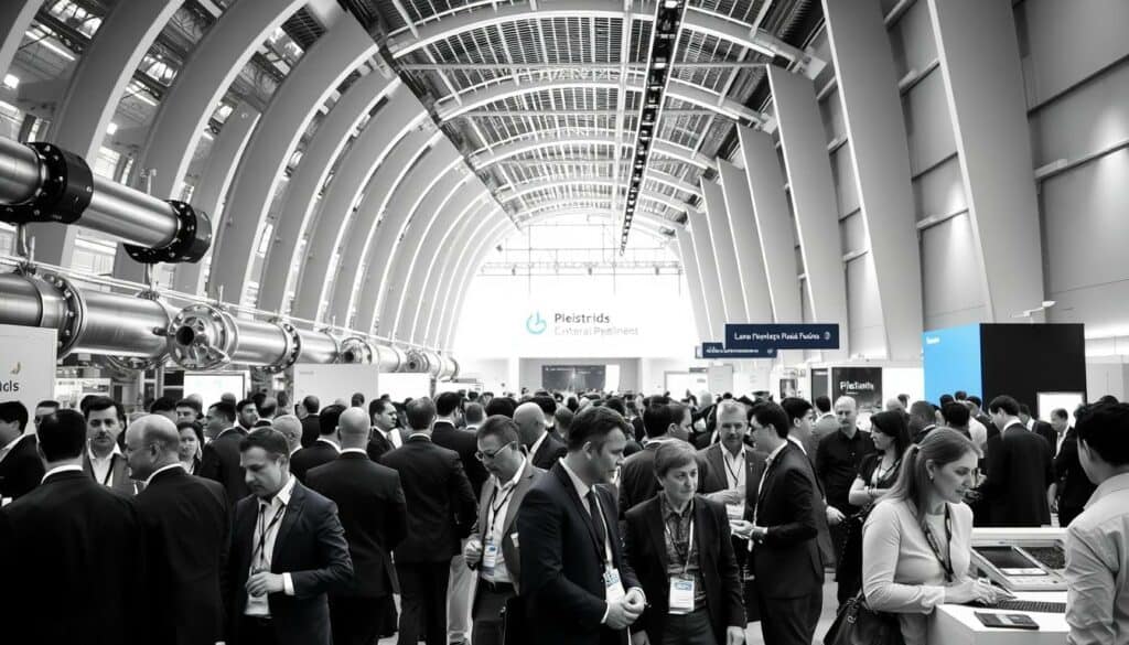 A bustling international conference on pipelines, set against a sleek, modern architectural backdrop. Attendees in formal business attire network and discuss the latest innovations, their faces illuminated by soft, directional lighting. The scene is rendered in a striking black-and-white palette, with pops of color highlighting key elements - the gleam of metal fittings, the vibrant hues of presentation materials, the subtle branding on attendee lanyards. The composition emphasizes the global reach and technical expertise of the event, inviting the viewer to imagine the insightful discussions and cutting-edge solutions being shared.
