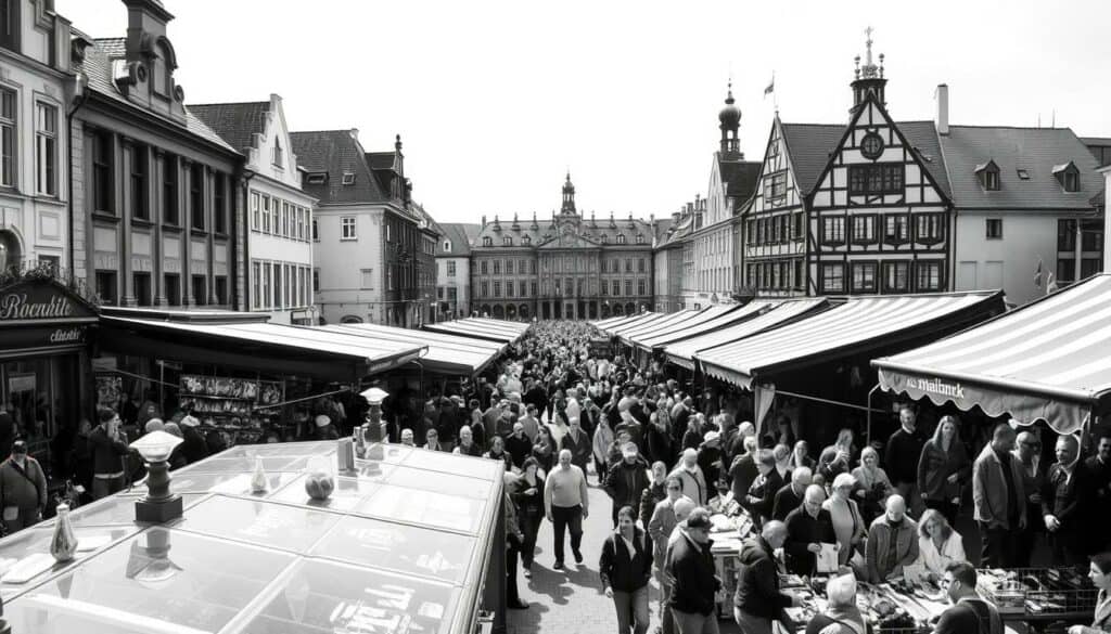 A bustling open-air market, the Maimarkt in Mannheim, comes alive with an array of vendors showcasing their diverse wares. In the foreground, stalls brimming with a kaleidoscope of products invite visitors to explore, from handcrafted trinkets to local produce. The middle ground reveals a vibrant sea of people, their faces alight with curiosity and excitement as they navigate the maze of attractions. In the background, the architectural splendor of the historic buildings provides a captivating backdrop, their monochromatic facades punctuated by pops of color from vibrant awnings and signage. The scene is rendered in a striking black-and-white palette, with selective bursts of color highlighting the energy and diversity of this immersive experience.