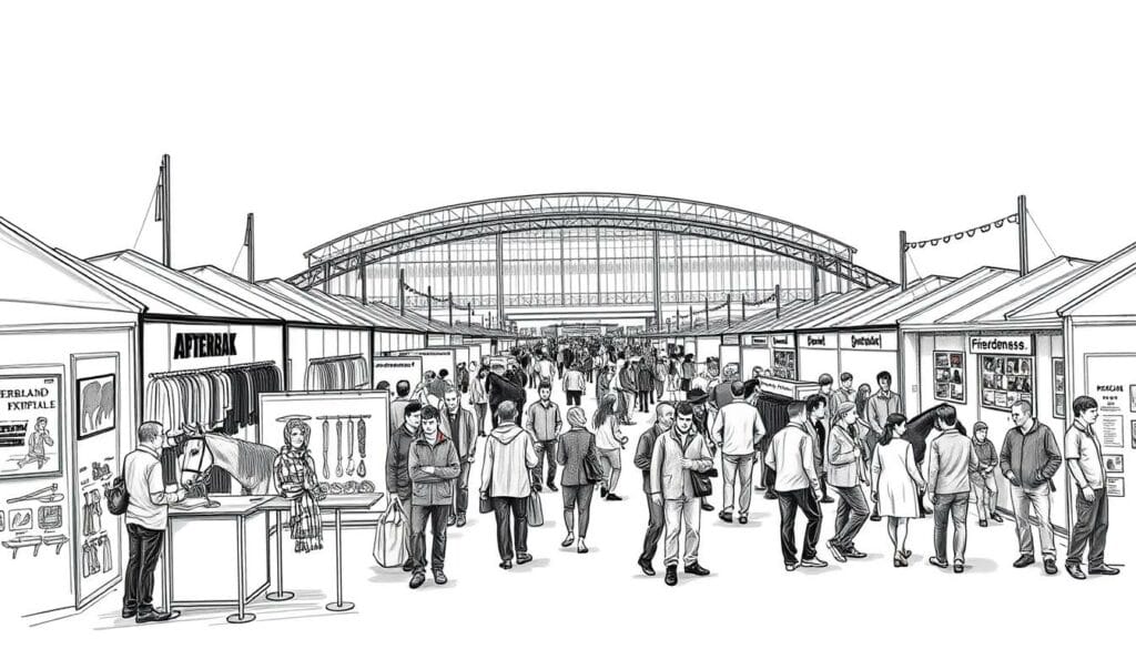 A bustling scene of the Pferdemesse, or horse fair, in Friedrichshafen, 2026. In the foreground, a series of exhibition booths displaying an array of equestrian equipment, tack, and accessories in a muted black and white palette, with pops of color highlighting key details. The middle ground features a diverse gathering of horse enthusiasts, breeders, and trainers engaged in lively discussions, their figures sketched in a mixture of dynamic poses. In the background, the grand exhibition hall rises, its architectural features rendered in a striking monochrome style, punctuated by the occasional vibrant banner or signage. The overall atmosphere conveys a sense of energy, excitement, and the deep-rooted passion for all things equine that permeates this renowned annual event.