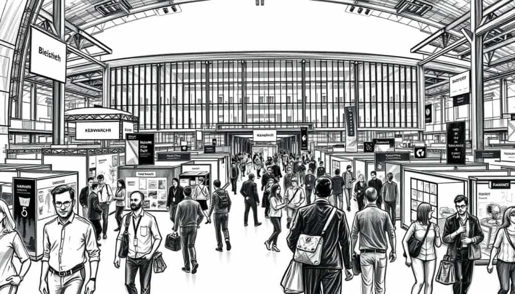 A bustling trade fair scene, with the iconic architecture of Messe München as the backdrop. In the foreground, attendees navigate the exhibition hall, their movements captured in a series of dynamic, pencil-sketched figures, rendered in a striking black and white palette with subtle pops of color highlighting key details. The middle ground features an array of vendor booths, their displays and signage hinted at through gestural brushstrokes, creating a sense of energy and activity. The overall atmosphere conveys the practical information and practical nature of the event, inviting the viewer to immerse themselves in the vibrant Handwerk and Design experience.