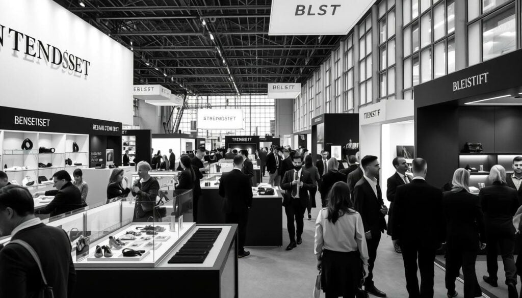A bustling trade fair showcasing a diverse array of premium brands, the TrendSet Messebereich exudes a refined, elegant ambiance. Capture the scene with a monochrome palette, punctuated by strategic pops of color - a sophisticated, understated aesthetic. In the foreground, immaculately curated product displays entice visitors, while in the middle ground, well-dressed attendees mingle amid sleek booth designs. The background reveals the grand architecture of the exhibition hall, its high ceilings and expansive windows flooding the space with soft, diffused natural light. Convey a sense of exclusivity, innovation, and the promise of discovering the latest industry trends. A bustling trade fair showcasing a diverse array of premium brands, the TrendSet Messebereich exudes a refined, elegant ambiance. Capture the scene with a monochrome palette, punctuated by strategic pops of color - a sophisticated, understated aesthetic. In the foreground, immaculately curated product displays entice visitors, while in the middle ground, well-dressed attendees mingle amid sleek booth designs. The background reveals the grand architecture of the exhibition hall, its high ceilings and expansive windows flooding the space with soft, diffused natural light. Convey a sense of exclusivity, innovation, and the promise of discovering the latest industry trends.
