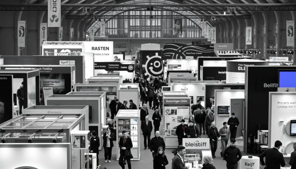 A bustling trade fair showcasing the latest advancements in environmental technology. In the foreground, a diverse array of exhibits and displays capture the attention of visitors, their vibrant colors and sleek designs popping against a black and white backdrop. In the middle ground, groups of people move between the stands, their expressions engaged as they explore the innovative solutions on offer. The background fades into a hazy silhouette of the exhibition hall, its architecture framing the scene with a sense of grandeur. Soft pops of color, perhaps from signage or product highlights, draw the eye and add depth to the monochromatic palette. The overall atmosphere is one of innovation, progress, and a shared commitment to a sustainable future. A bustling trade fair showcasing the latest advancements in environmental technology. In the foreground, a diverse array of exhibits and displays capture the attention of visitors, their vibrant colors and sleek designs popping against a black and white backdrop. In the middle ground, groups of people move between the stands, their expressions engaged as they explore the innovative solutions on offer. The background fades into a hazy silhouette of the exhibition hall, its architecture framing the scene with a sense of grandeur. Soft pops of color, perhaps from signage or product highlights, draw the eye and add depth to the monochromatic palette. The overall atmosphere is one of innovation, progress, and a shared commitment to a sustainable future.