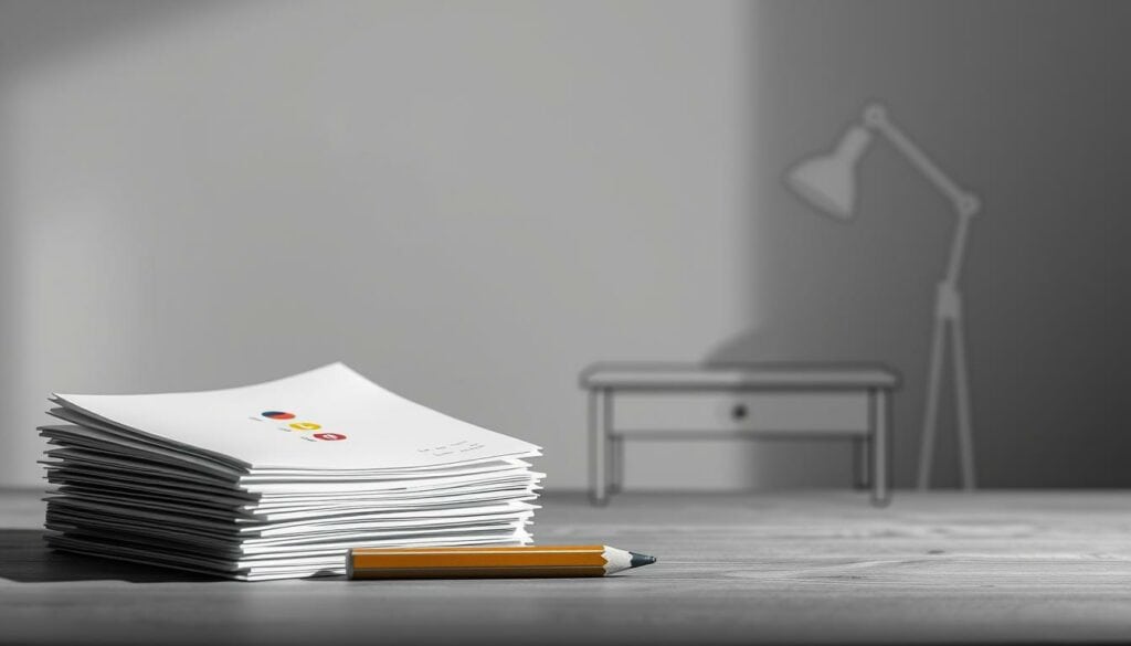 A clean, minimalist illustration of an "Einstufungstest Sprachkurs" (language course placement test) set against a softly blurred background. The foreground features a neatly organized stack of papers, a sharpened pencil, and a subtle splash of color, perhaps a stamp or highlight. The middle ground shows a simple, line-drawn desk or table, rendered in a classic black and white palette with hints of gray. The background evokes a serene, contemplative atmosphere, with muted tones and a sense of depth. The overall mood is one of focus, organization, and the possibility of a new language journey. Dramatic, high-contrast lighting casts dramatic shadows, drawing the viewer's eye to the central elements. A clean, minimalist illustration of an "Einstufungstest Sprachkurs" (language course placement test) set against a softly blurred background. The foreground features a neatly organized stack of papers, a sharpened pencil, and a subtle splash of color, perhaps a stamp or highlight. The middle ground shows a simple, line-drawn desk or table, rendered in a classic black and white palette with hints of gray. The background evokes a serene, contemplative atmosphere, with muted tones and a sense of depth. The overall mood is one of focus, organization, and the possibility of a new language journey. Dramatic, high-contrast lighting casts dramatic shadows, drawing the viewer's eye to the central elements.