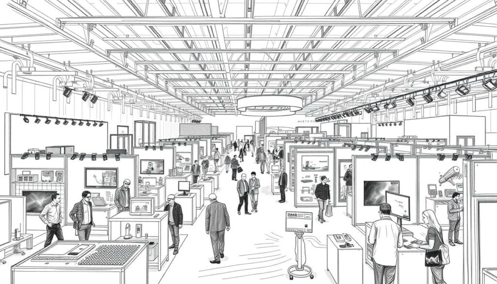 A clean, technical illustration of a trade fair for printed electronics, with exhibitors and their products on display. The scene is rendered in a black and white pencil sketch style with selective color accents, creating a technical yet visually engaging aesthetic. The foreground features neatly arranged booths and displays, with attendees and staff interacting. The middle ground showcases a range of cutting-edge electronic components and devices, while the background depicts the overall exhibition hall architecture and ambiance. Precise lighting and perspective create a sense of depth and professionalism, reflecting the specialized nature of the "LOPEC München 2026" printed electronics trade fair.