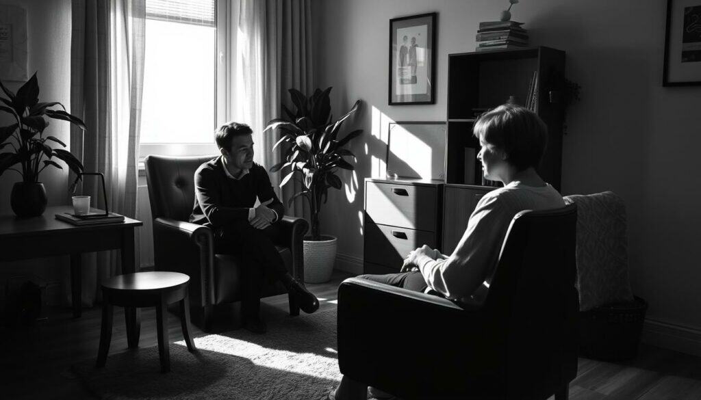 A cozy, intimate counseling session unfolds within a warm, softly-lit office. A leather armchair and a wooden desk set the stage, their muted tones punctuated by pops of color - a vibrant houseplant, a plush throw rug. The therapist, seated attentively, leans forward, conveying a sense of quiet empathy as they listen intently to their patient, who sits across from them, lost in thoughtful contemplation. Soft shadows play across the scene, creating a sense of depth and atmosphere. The image is rendered in a striking black-and-white palette, with subtle splashes of color drawing the eye to the key elements - a reflection of the introspective, transformative nature of the psychotherapeutic process. A cozy, intimate counseling session unfolds within a warm, softly-lit office. A leather armchair and a wooden desk set the stage, their muted tones punctuated by pops of color - a vibrant houseplant, a plush throw rug. The therapist, seated attentively, leans forward, conveying a sense of quiet empathy as they listen intently to their patient, who sits across from them, lost in thoughtful contemplation. Soft shadows play across the scene, creating a sense of depth and atmosphere. The image is rendered in a striking black-and-white palette, with subtle splashes of color drawing the eye to the key elements - a reflection of the introspective, transformative nature of the psychotherapeutic process.