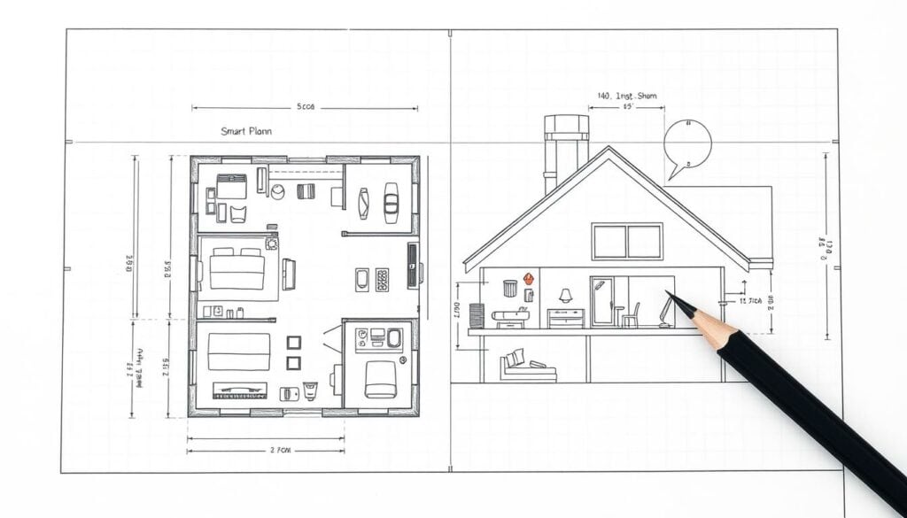 A detailed blueprint of a smart home installation plan, depicted in a technical, schematic style. The foreground features an overhead view of a floor plan with various smart home components like lighting, security sensors, and climate controls arranged thoughtfully. The middle ground showcases a side-profile view of the home's exterior, highlighting the placement of outdoor smart devices. The background depicts a gridded layout with dimensional annotations, conveying the planning and precision required. The image is rendered in a predominantly black-and-white palette with selective pops of color to accentuate key elements, creating a stark, technical aesthetic.