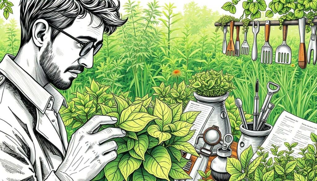 A detailed illustration of a gardening expert's knowledge, depicted in a whimsical, hand-drawn style. In the foreground, a botanist examines a lush, verdant plant, their face cast in thoughtful concentration. The middle ground showcases an array of gardening tools and reference materials, each rendered in precise, technical detail. In the background, a verdant garden scene unfolds, with vibrant greenery and subtle pops of color to accent the overall monochromatic palette. The lighting is soft and diffused, evoking a sense of tranquility and focus. The overall composition conveys the importance of horticultural expertise and the care required to maintain a thriving garden. A detailed illustration of a gardening expert's knowledge, depicted in a whimsical, hand-drawn style. In the foreground, a botanist examines a lush, verdant plant, their face cast in thoughtful concentration. The middle ground showcases an array of gardening tools and reference materials, each rendered in precise, technical detail. In the background, a verdant garden scene unfolds, with vibrant greenery and subtle pops of color to accent the overall monochromatic palette. The lighting is soft and diffused, evoking a sense of tranquility and focus. The overall composition conveys the importance of horticultural expertise and the care required to maintain a thriving garden.