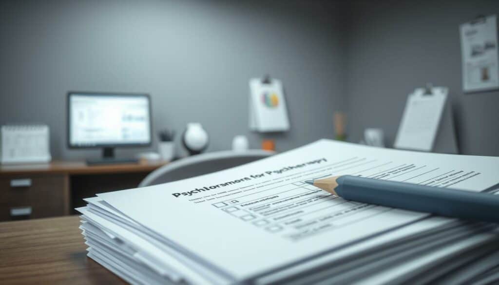A detailed medical document showcasing the reimbursement process for psychotherapy, presented in a clean, minimalist aesthetic. The foreground depicts a stack of forms and paperwork, with a focused perspective highlighting the key elements - logos, checkboxes, signatures. The middle ground features a desk or workspace, with a computer monitor displaying relevant information. The background is a muted, grey-scale office setting, punctuated by subtle pops of color in the form of office supplies, a calendar, or other subtle accents. Lighting is soft and diffused, creating an atmosphere of professionalism and attention to detail. The overall mood is one of efficiency, organization, and the process of navigating the healthcare system. A detailed medical document showcasing the reimbursement process for psychotherapy, presented in a clean, minimalist aesthetic. The foreground depicts a stack of forms and paperwork, with a focused perspective highlighting the key elements - logos, checkboxes, signatures. The middle ground features a desk or workspace, with a computer monitor displaying relevant information. The background is a muted, grey-scale office setting, punctuated by subtle pops of color in the form of office supplies, a calendar, or other subtle accents. Lighting is soft and diffused, creating an atmosphere of professionalism and attention to detail. The overall mood is one of efficiency, organization, and the process of navigating the healthcare system.