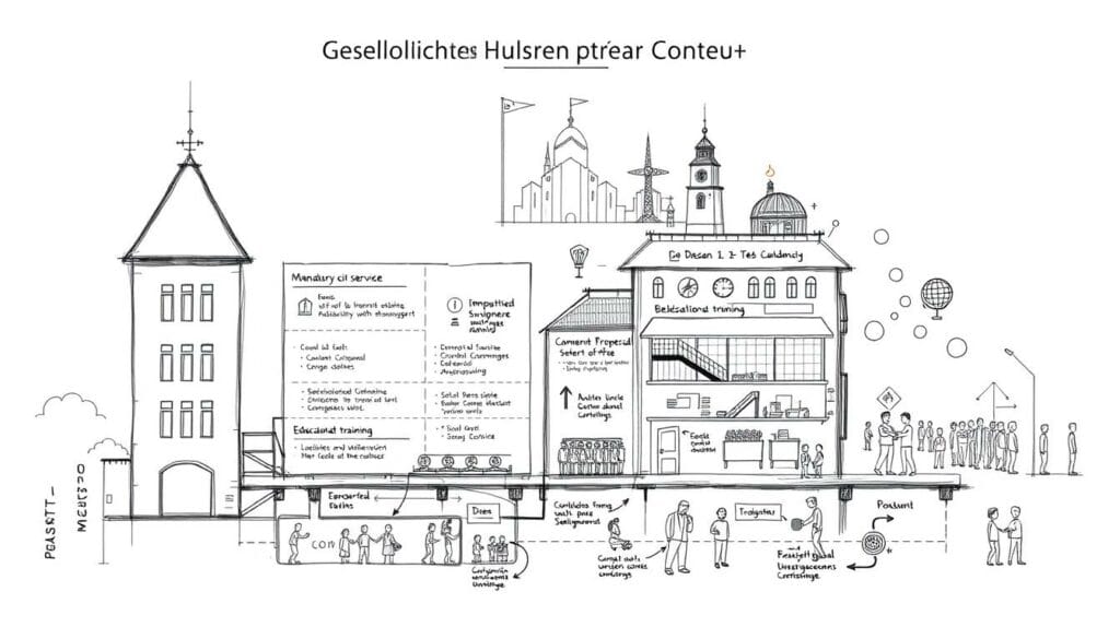 A detailed schematic illustration of the "Gesellschaftliches Pflichtjahr Konzept" proposal, depicted in a technical, architectural drawing style. The foreground showcases the core elements of the program - mandatory civic service, educational training, and community engagement activities. The middle ground features organizational structures, administrative processes, and logistical considerations. The background setting depicts the societal context, with subtle symbolic cues alluding to the interconnectedness of this initiative. The overall aesthetic is a muted, monochromatic palette with selective pops of color to highlight key components, rendered in a precise, engineering-inspired manner that conveys the seriousness and significance of the proposed concept. A detailed schematic illustration of the "Gesellschaftliches Pflichtjahr Konzept" proposal, depicted in a technical, architectural drawing style. The foreground showcases the core elements of the program - mandatory civic service, educational training, and community engagement activities. The middle ground features organizational structures, administrative processes, and logistical considerations. The background setting depicts the societal context, with subtle symbolic cues alluding to the interconnectedness of this initiative. The overall aesthetic is a muted, monochromatic palette with selective pops of color to highlight key components, rendered in a precise, engineering-inspired manner that conveys the seriousness and significance of the proposed concept.