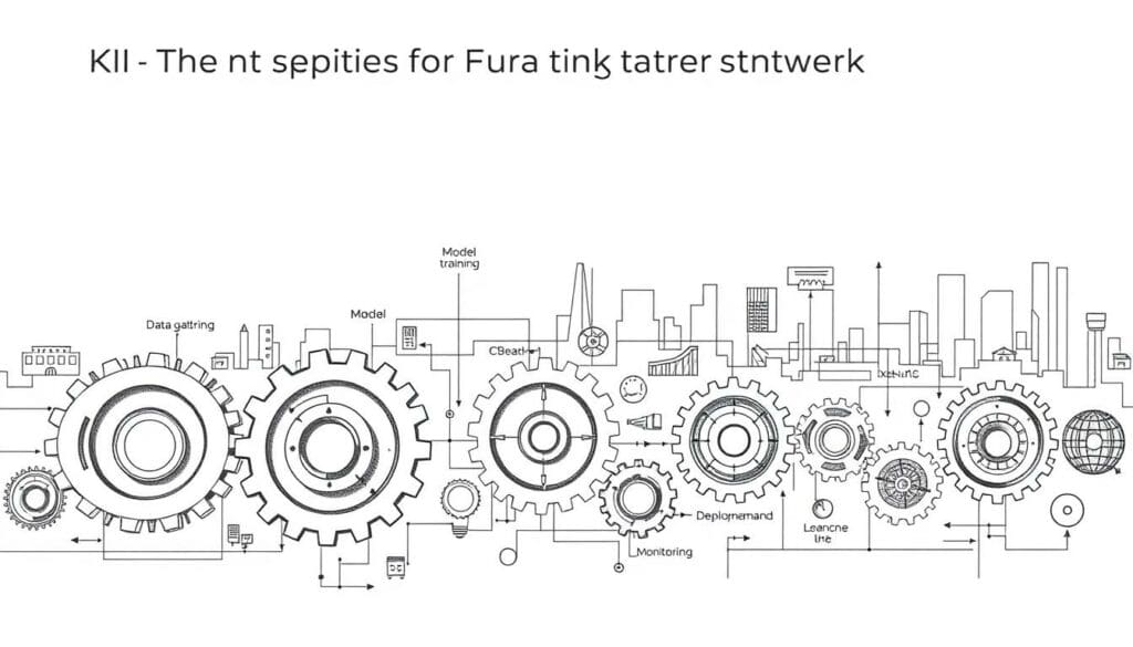 A detailed technical diagram showcasing the first steps of KI implementation for businesses. The foreground features a series of interconnected gears and cogs, each representing a crucial component of the process - data gathering, model training, deployment, and monitoring. The middle ground depicts various data sources and workflow stages, visualized through geometric shapes and lines. In the background, a faintly sketched cityscape suggests the broader corporate environment. The overall aesthetic is a muted, monochromatic palette with selective pops of color to highlight key elements, conveying a sense of precision, structure, and pragmatic progress. Lighting is soft and diffused, creating depth and emphasizing the technical nature of the subject matter.