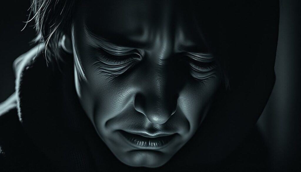 A dimly lit, atmospheric scene of a person's face, subtly rendered in black and white with strategic pops of color. The subject's expression is pained, with creases of worry and exhaustion etched across their features. Soft, diffused lighting casts dramatic shadows, conveying a sense of emotional turmoil and personal struggle. The background is blurred, hinting at a broader context of turbulence and uncertainty. The overall mood is somber, reflective, and poignant, capturing the essence of "Gesundheitliche Rückschläge und persönliche Krisen". A dimly lit, atmospheric scene of a person's face, subtly rendered in black and white with strategic pops of color. The subject's expression is pained, with creases of worry and exhaustion etched across their features. Soft, diffused lighting casts dramatic shadows, conveying a sense of emotional turmoil and personal struggle. The background is blurred, hinting at a broader context of turbulence and uncertainty. The overall mood is somber, reflective, and poignant, capturing the essence of "Gesundheitliche Rückschläge und persönliche Krisen".